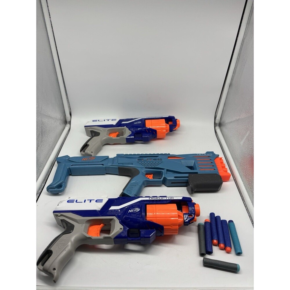 Lot Of 3 Nerf Elite Toy Gun Blasters W/ Darts- 2 Disruptor & Tetrad Elite 2.0